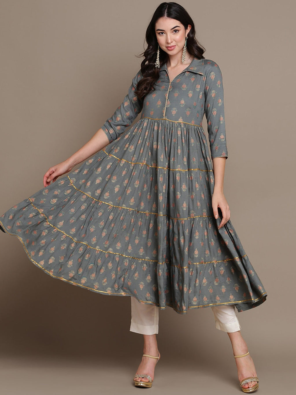 HERE&NOW Ethnic Motifs Printed Shirt Collar Tiered Pure Cotton A-Line Kurta | Grocsy