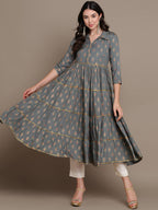 HERE&NOW Ethnic Motifs Printed Shirt Collar Tiered Pure Cotton A-Line Kurta | Grocsy