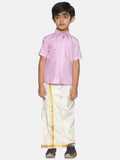 Sethukrishna Boys Pink & Off-White Pure Cotton Shirt with Dhotis | Grocsy