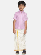 Sethukrishna Boys Pink & Off-White Pure Cotton Shirt with Dhotis | Grocsy