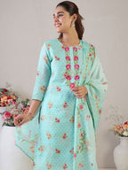 Indo Era Women Floral Embroidered Thread Work Linen Kurta with Trousers & With Dupatta | Grocsy