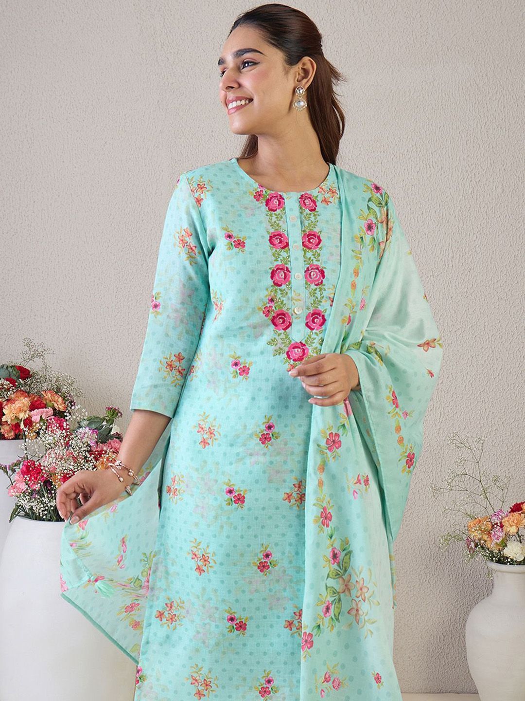 Indo Era Women Floral Embroidered Thread Work Linen Kurta with Trousers & With Dupatta | Grocsy