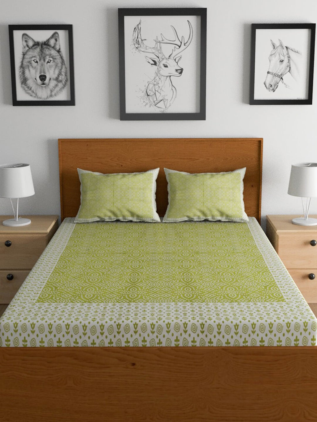 Urban Magic Green & White Ethnic Motifs Cotton 104 TC Queen Bedsheet with 2 Pillow Covers | Grocsy