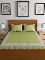 Urban Magic Green & White Ethnic Motifs Cotton 104 TC Queen Bedsheet with 2 Pillow Covers | Grocsy