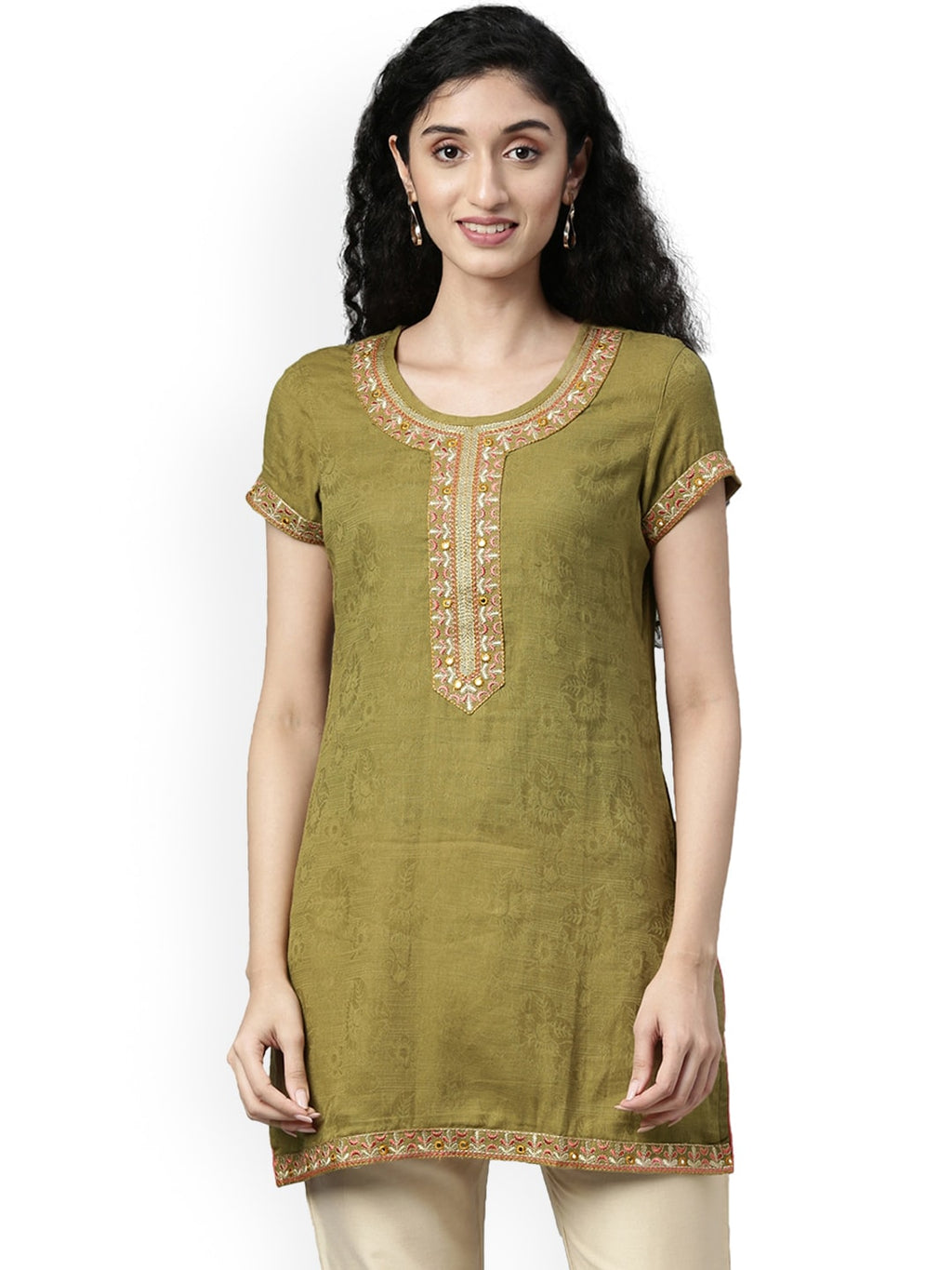 Souchii Olive Green Woven Design Kurta | Grocsy