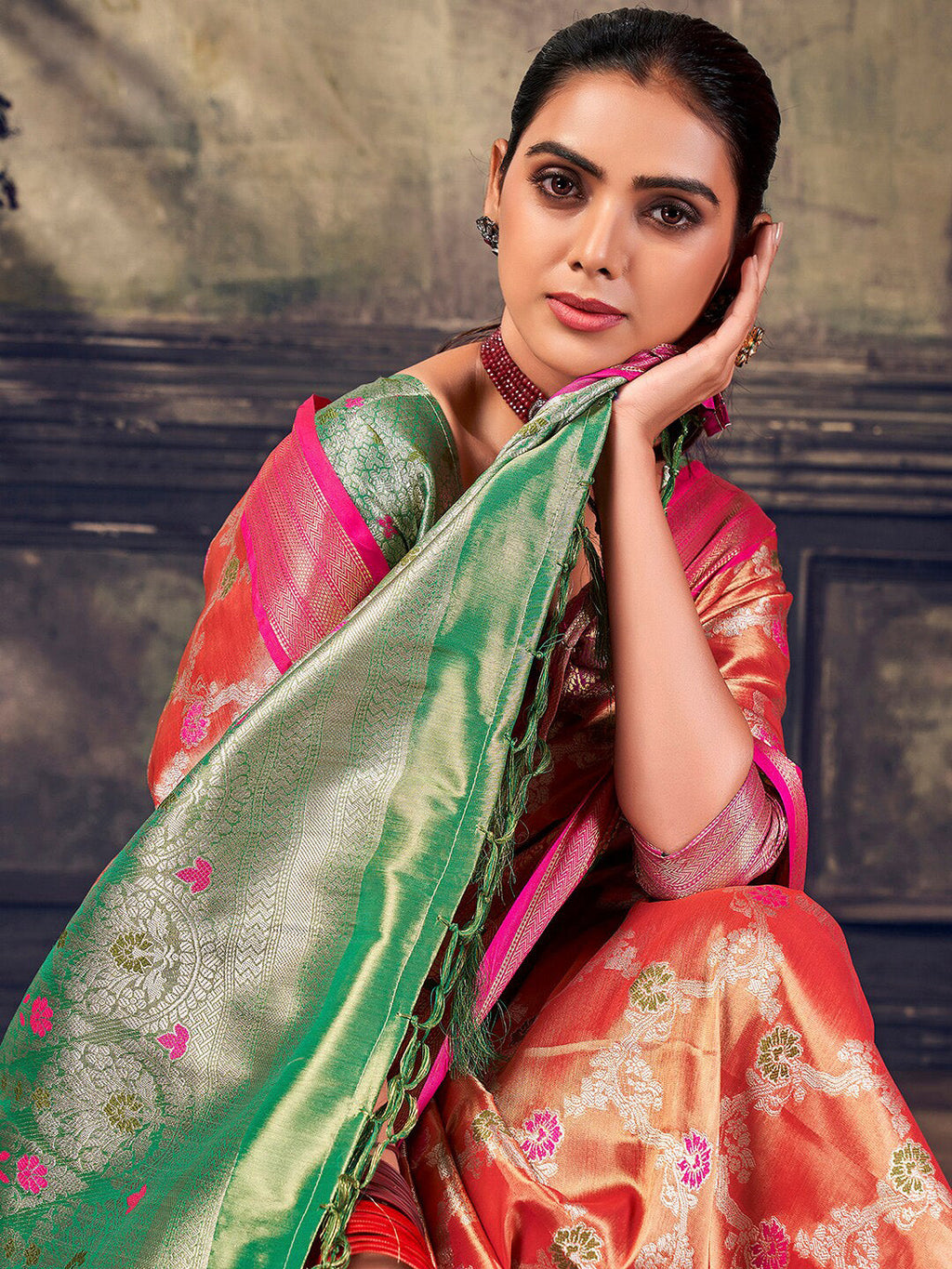 Sangria Rust Ethnic Woven-Designed Festive Saree With Blouse Piece | Grocsy