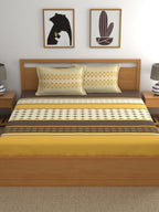 Home Ecstasy Mustard & Cream Ethnic Motifs 140TC Bedsheet With Pillow Covers | Grocsy