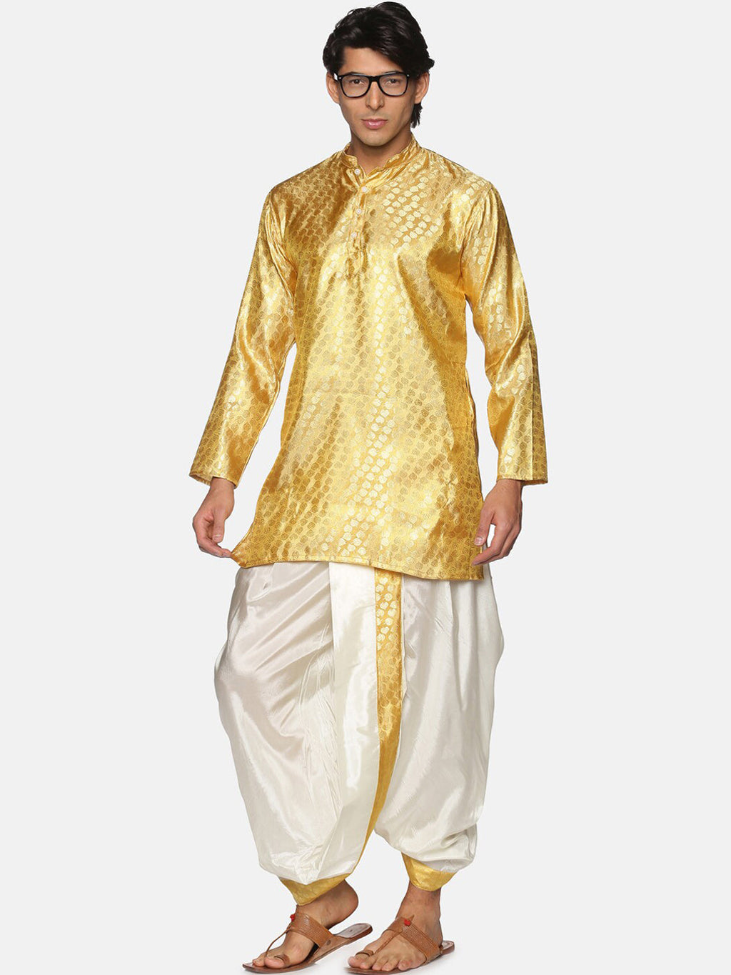 Sethukrishna Men Gold-Toned Ethnic Motifs Woven Design Kurta with Dhoti Pants | Grocsy
