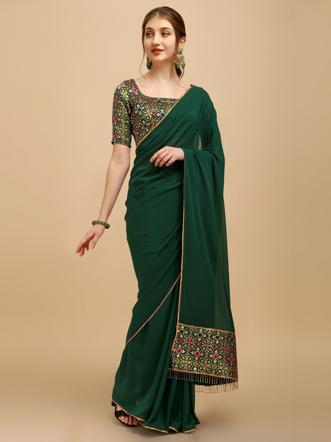 Sangria Green Woven Design Saree | Grocsy