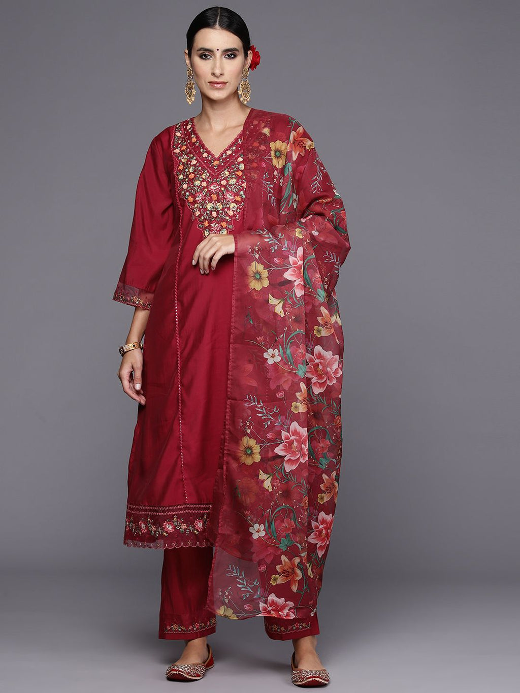 Indo Era Women Floral Yoke Design Panelled Thread Work Kurta with Trousers & Dupatta | Grocsy
