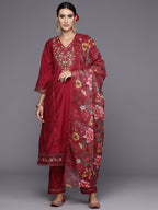 Indo Era Women Floral Yoke Design Panelled Thread Work Kurta with Trousers & Dupatta | Grocsy