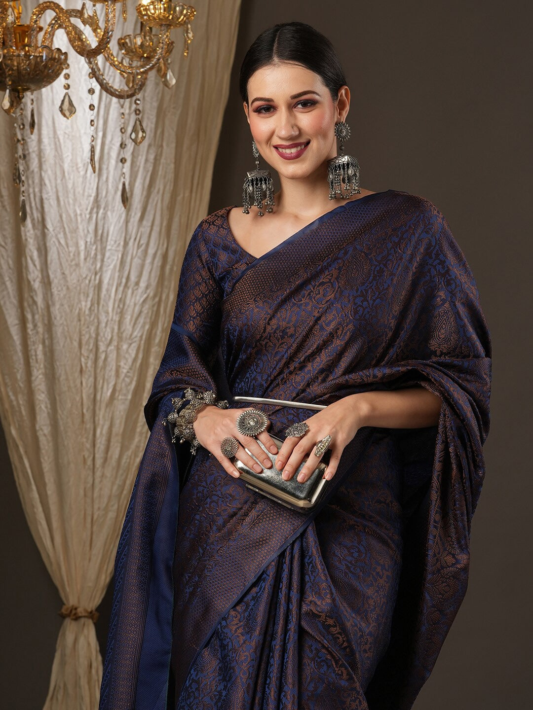 Saree Mall Navy Blue & Gold-Toned Woven Design Zari Silk Blend Banarasi Sarees | Grocsy