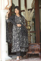 Miravan Women's Black Cotton Embroidered Attractive Anarkali Kurta And Palazzo With Dupatta Set | Grocsy
