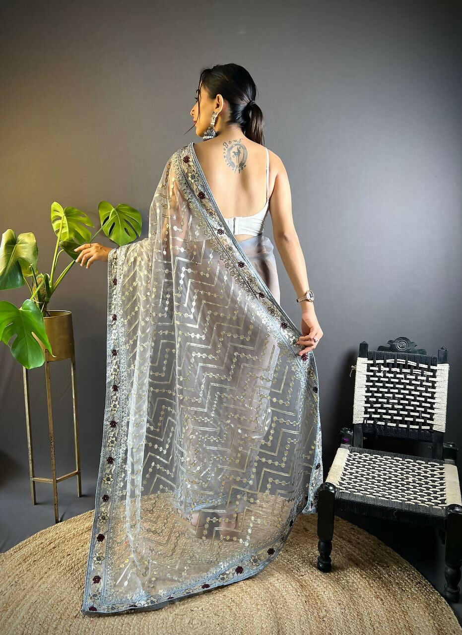 Vastranavya Butterfly Net Designer Chain Stitch Embroidery Work with Foil Thread & Stone Work Saree with Blouse Material - Grey | Grocsy