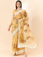 Beige Organza Floral Embroidered Saree with Unstitched Blouse Piece - Roozal | Grocsy