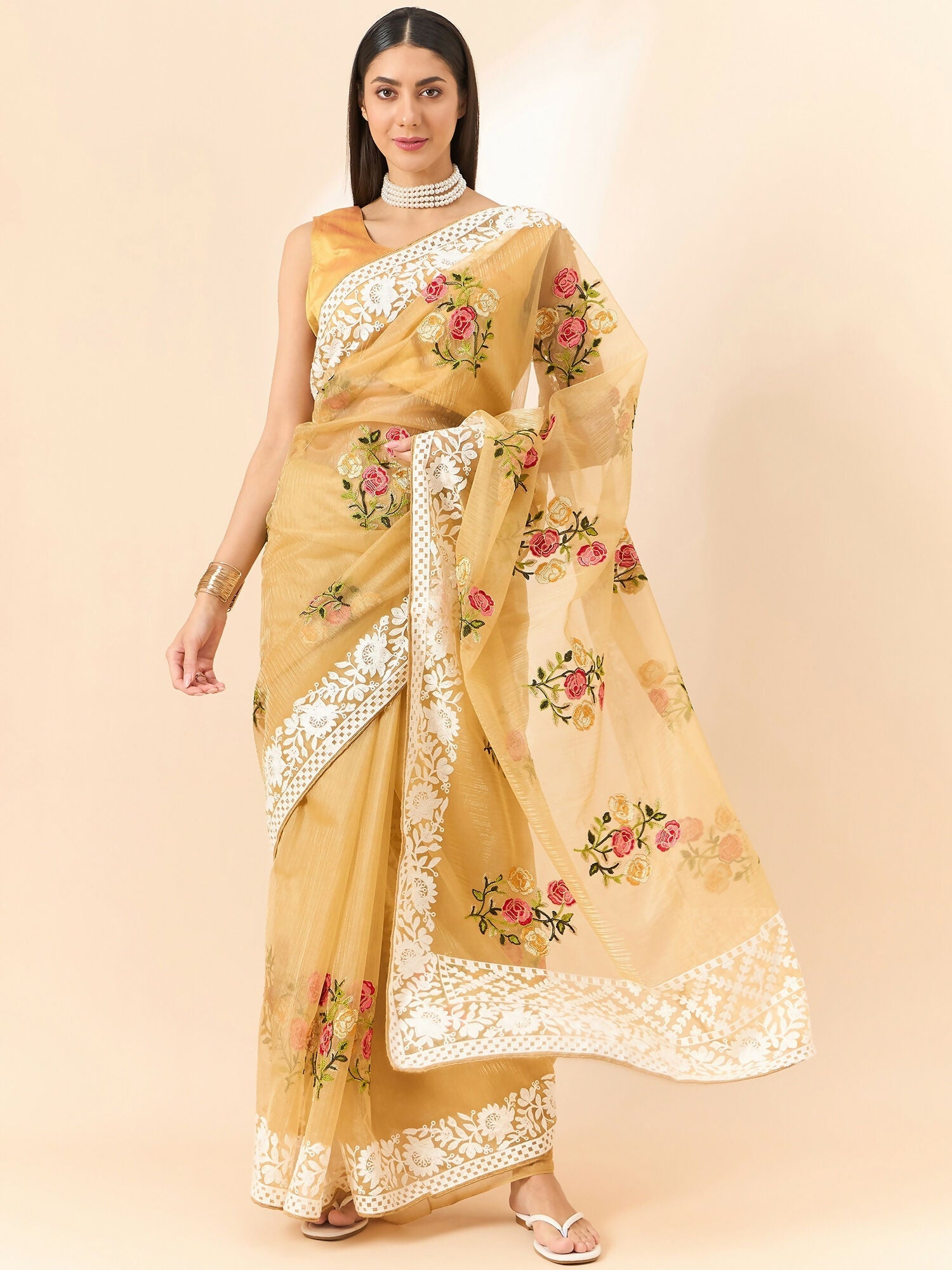 Beige Organza Floral Embroidered Saree with Unstitched Blouse Piece - Roozal | Grocsy