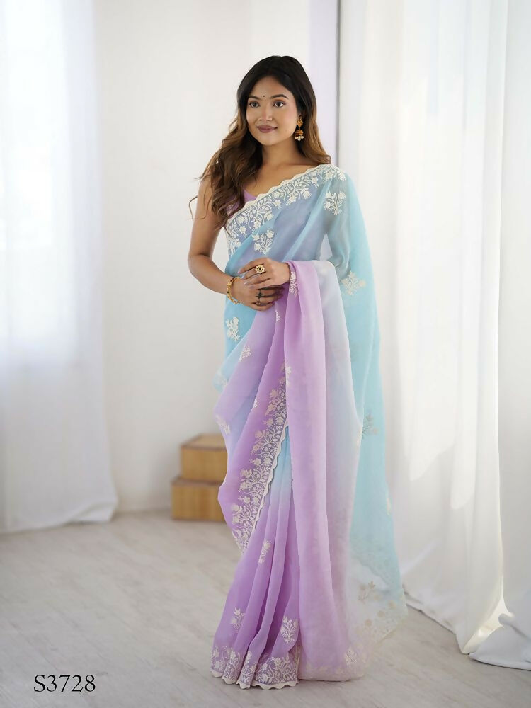 Lavender Crunchy Silk Embroidery Work Party Wear Saree - Lakshita | Grocsy