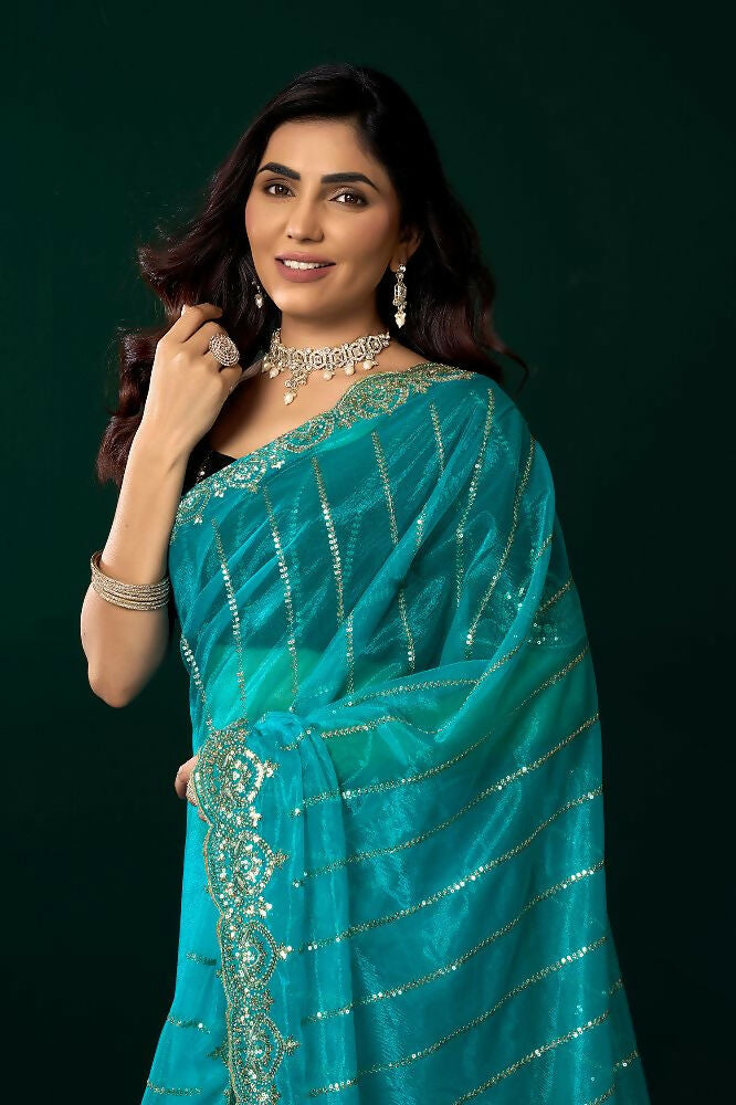 Joban Fashion Turquoise Blue Net Party Wear Sarees | Grocsy