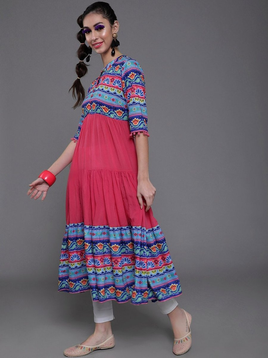 Aks Ethnic Motifs Printed Mandarin Collar Cotton Silk Anarkali Kurta | Grocsy