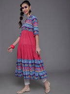 Aks Ethnic Motifs Printed Mandarin Collar Cotton Silk Anarkali Kurta | Grocsy