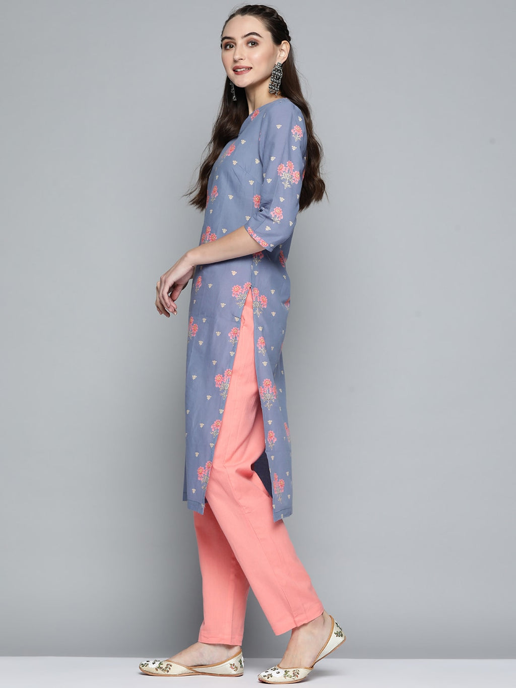 HERE&NOW Women Lavender & Pink Printed Pure Cotton Straight Kurta | Grocsy