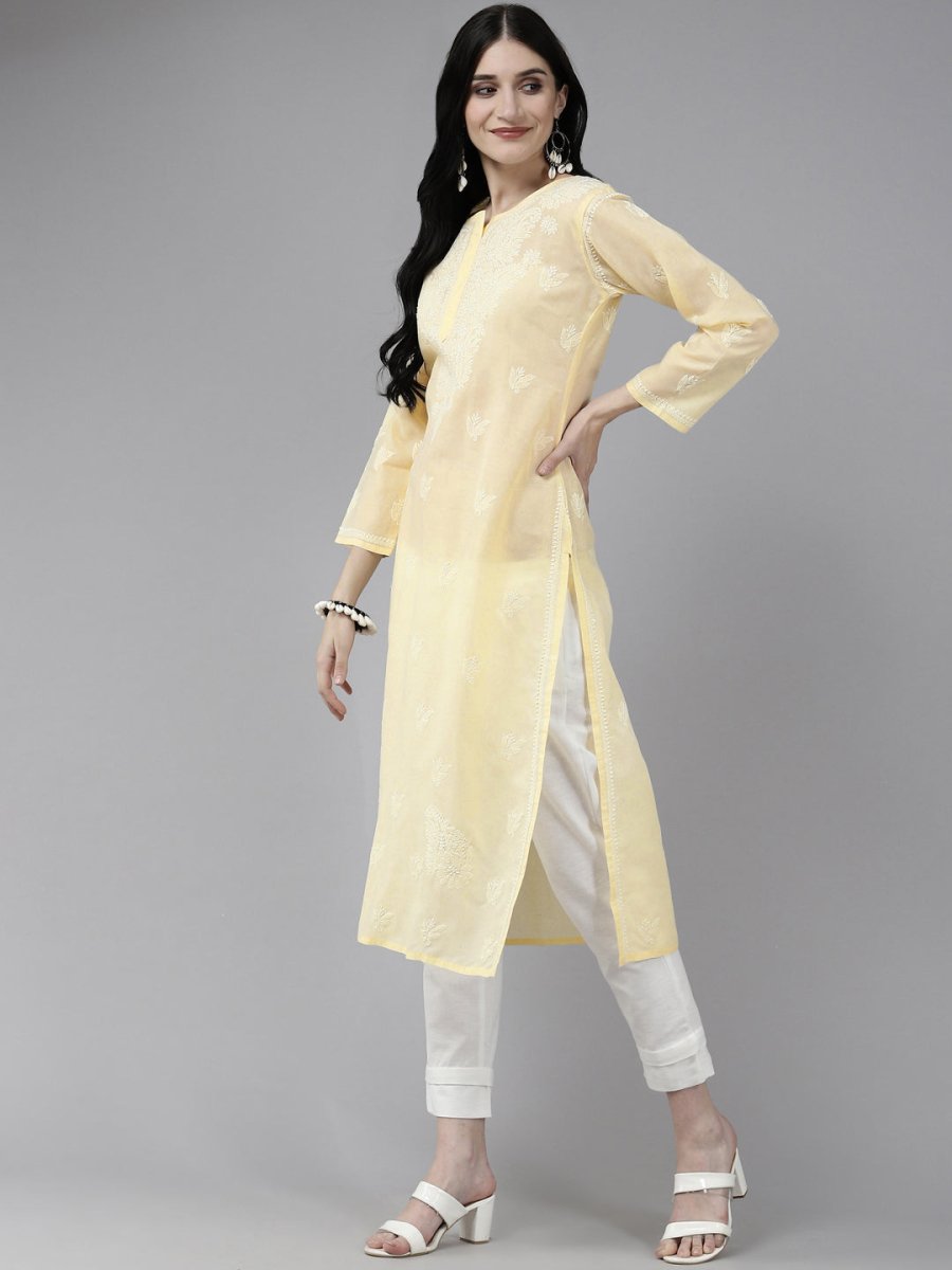 ADA Women Cream-Coloured & White Ethnic Motifs Embroidered Chikankari Cotton Kurta | Grocsy