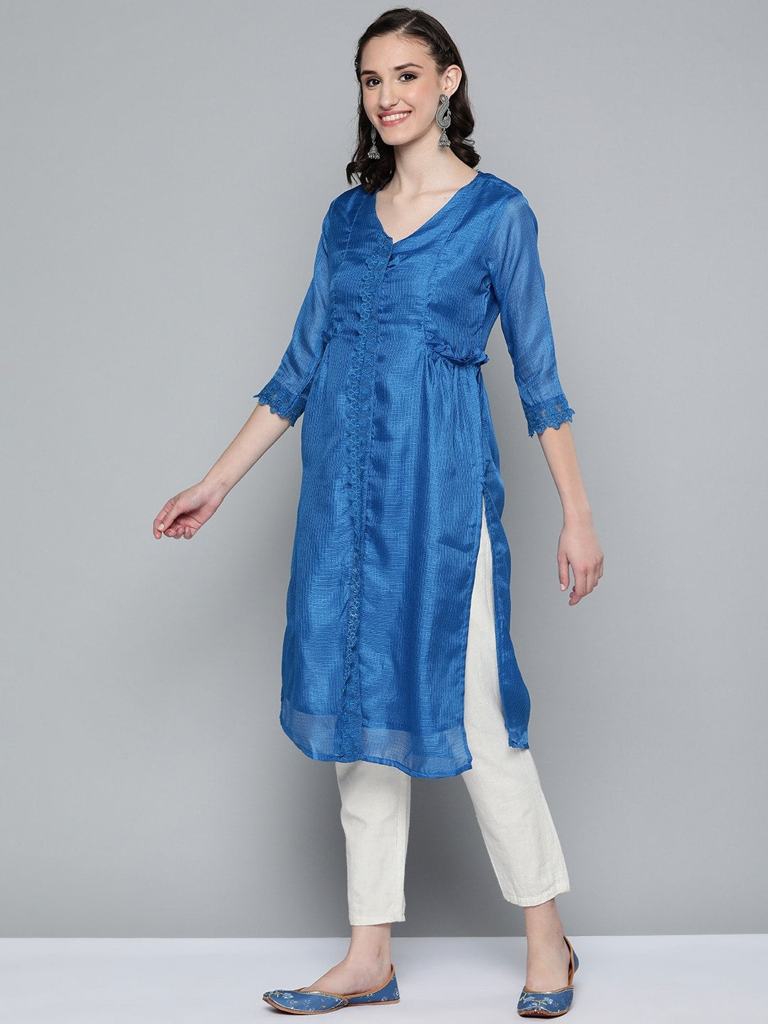HERE&NOW Women Blue Self-Design Kurta | Grocsy
