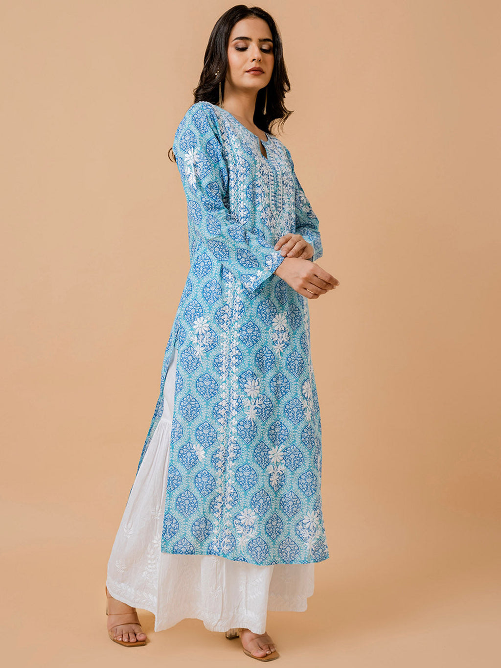 HOUSE OF KARI Ethnic Motifs Printed Cotton Panelled Chikankari Kurta | Grocsy