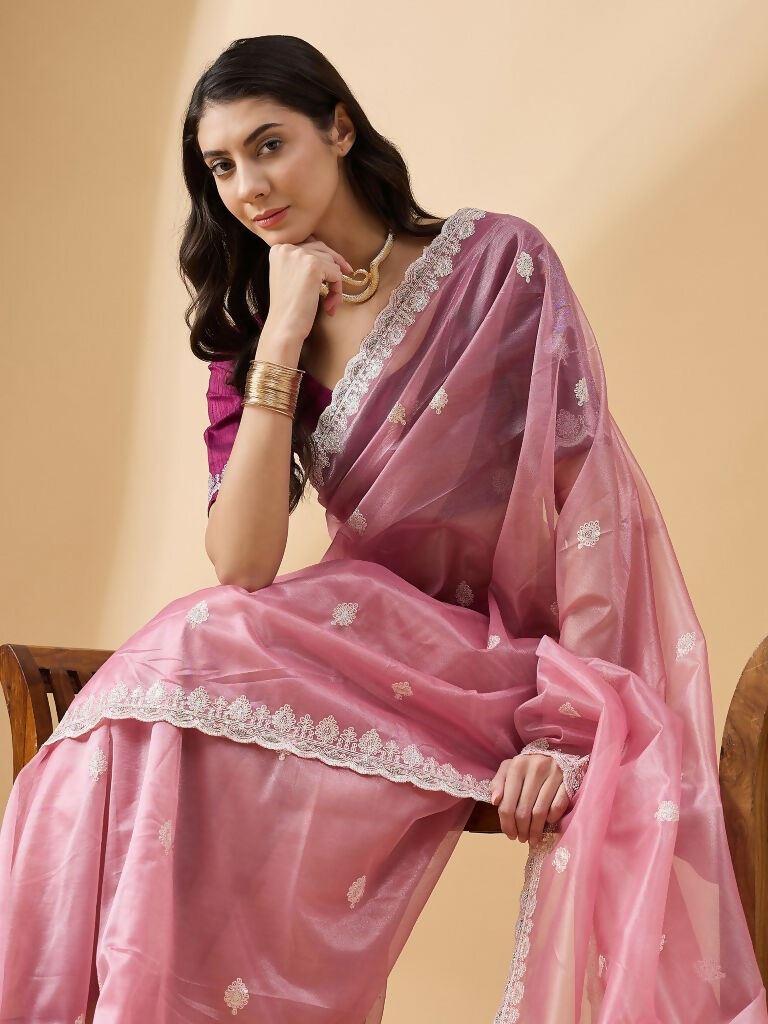 Pink Organza Sequence Embroidered Saree with Unstitched Blouse - Satya | Grocsy