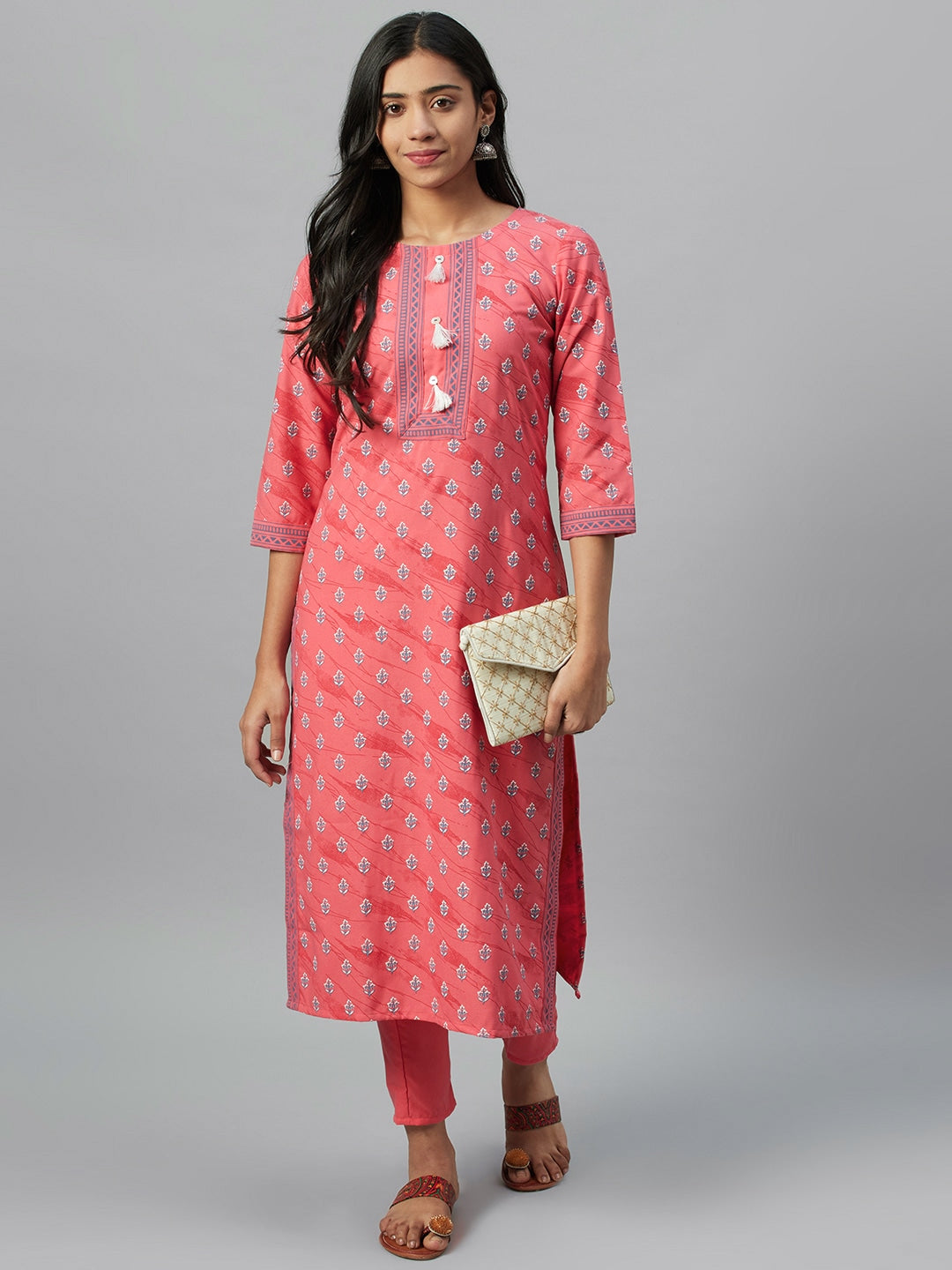 Sangria Women Pink & Grey Screen Print Kurta with Trousers | Grocsy