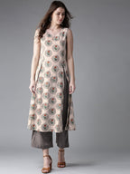 HERE&NOW Women Beige & Grey Printed Kurta with Palazzos | Grocsy