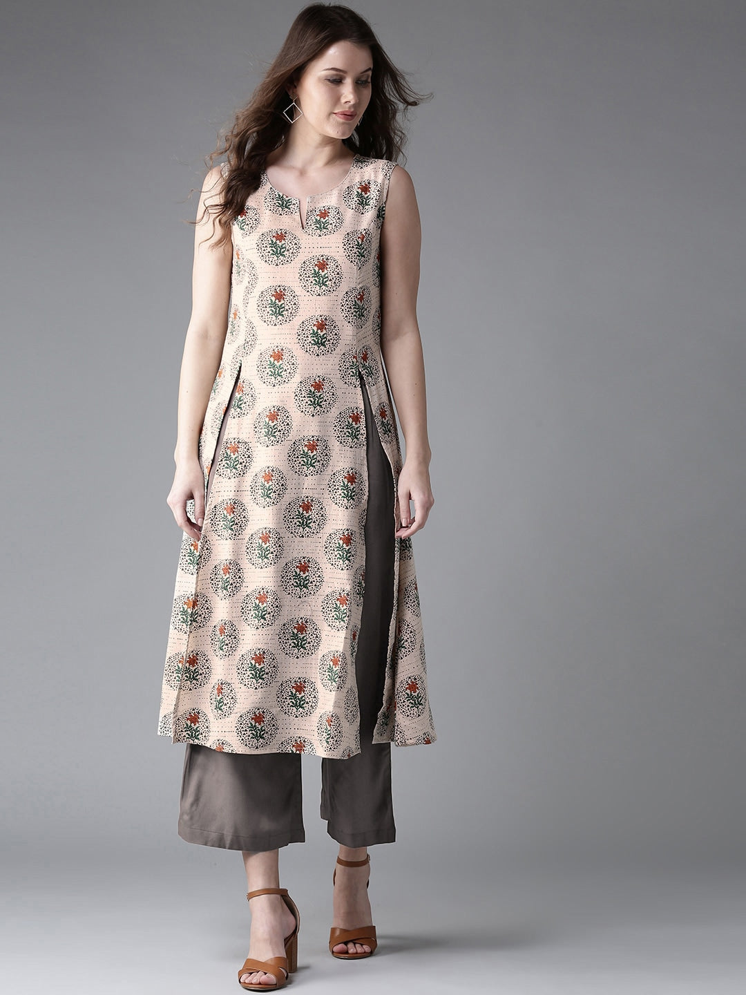 HERE&NOW Women Beige & Grey Printed Kurta with Palazzos | Grocsy