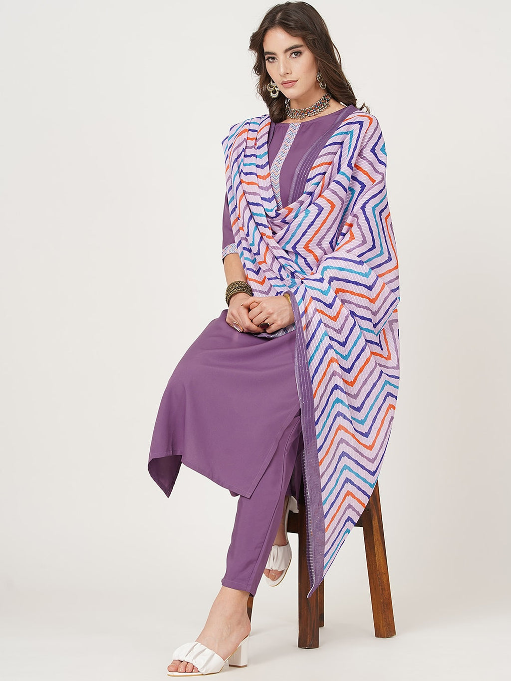 HERE&NOW Straight Kurta with Trousers & Dupatta | Grocsy