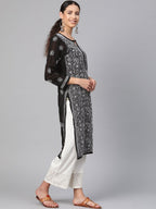 ADA Women Black & White Chikankari Hand Embroidered Semi-Sheer Straight Sustainable Handloom Kurta | Grocsy