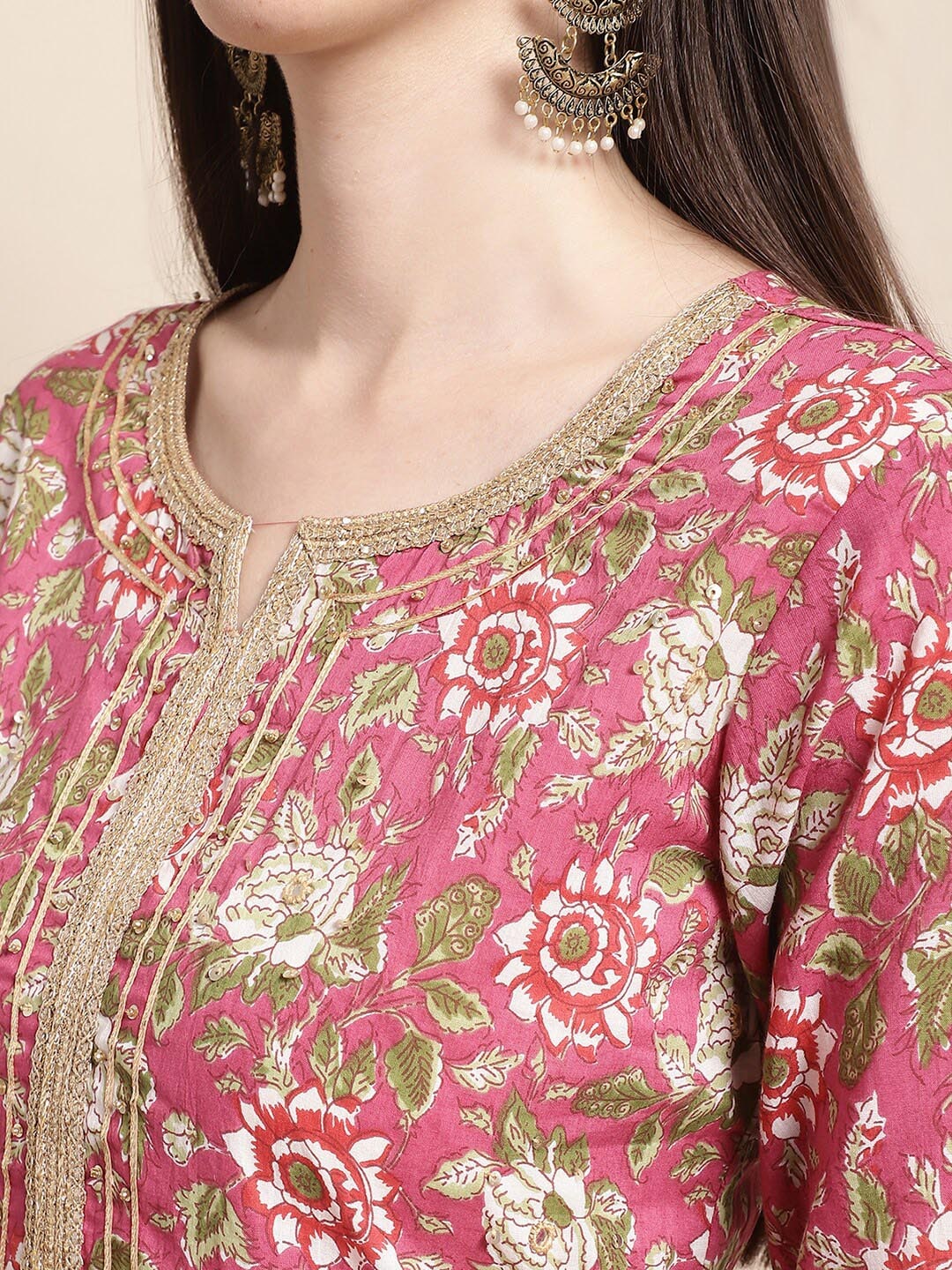 Sangria Pink Floral Printed Yoke Embroidered Pure Cotton Kurta With Trouser & Dupatta | Grocsy