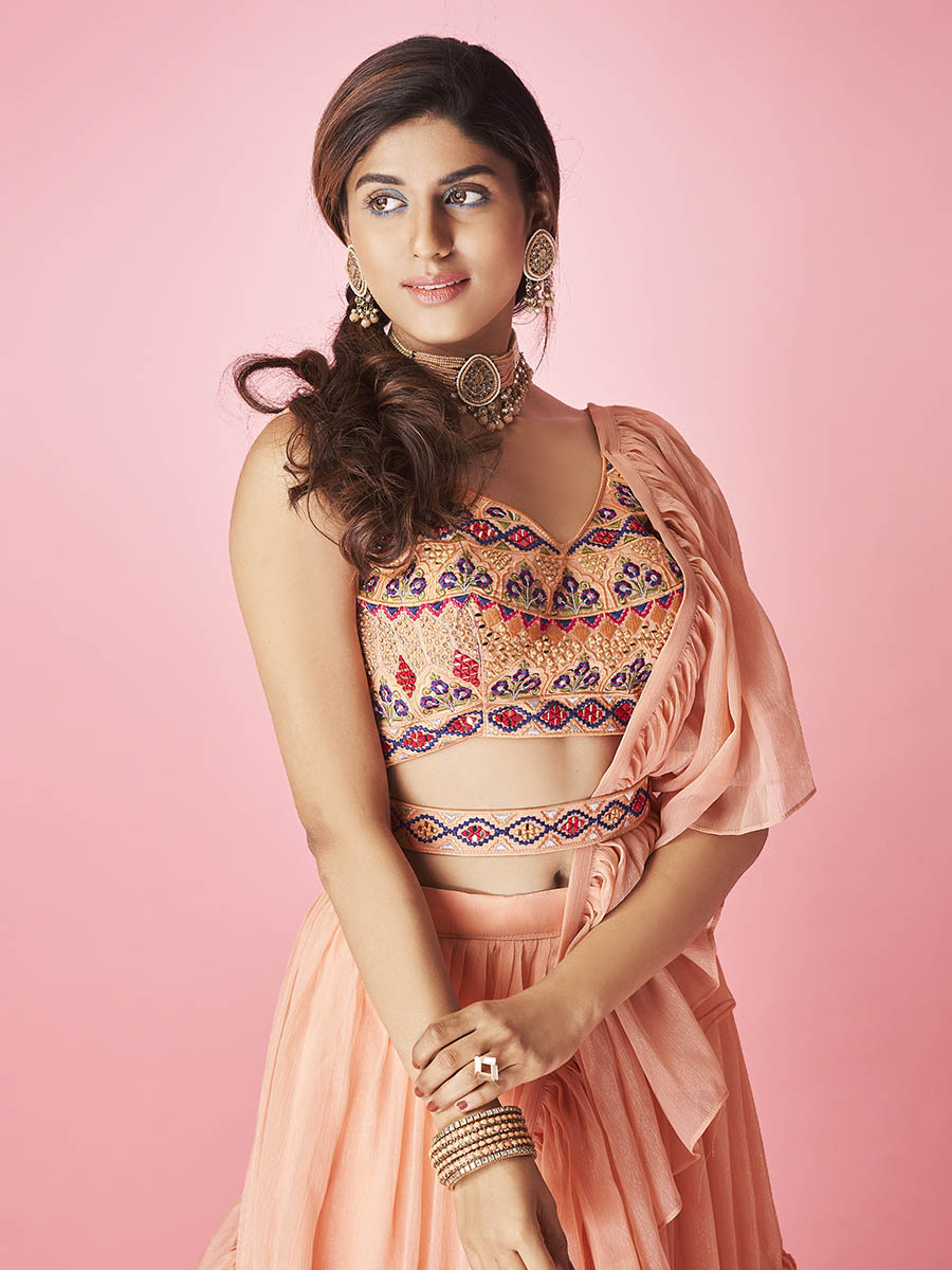 Myra Peach Art Silk Designer Lehenga | Grocsy