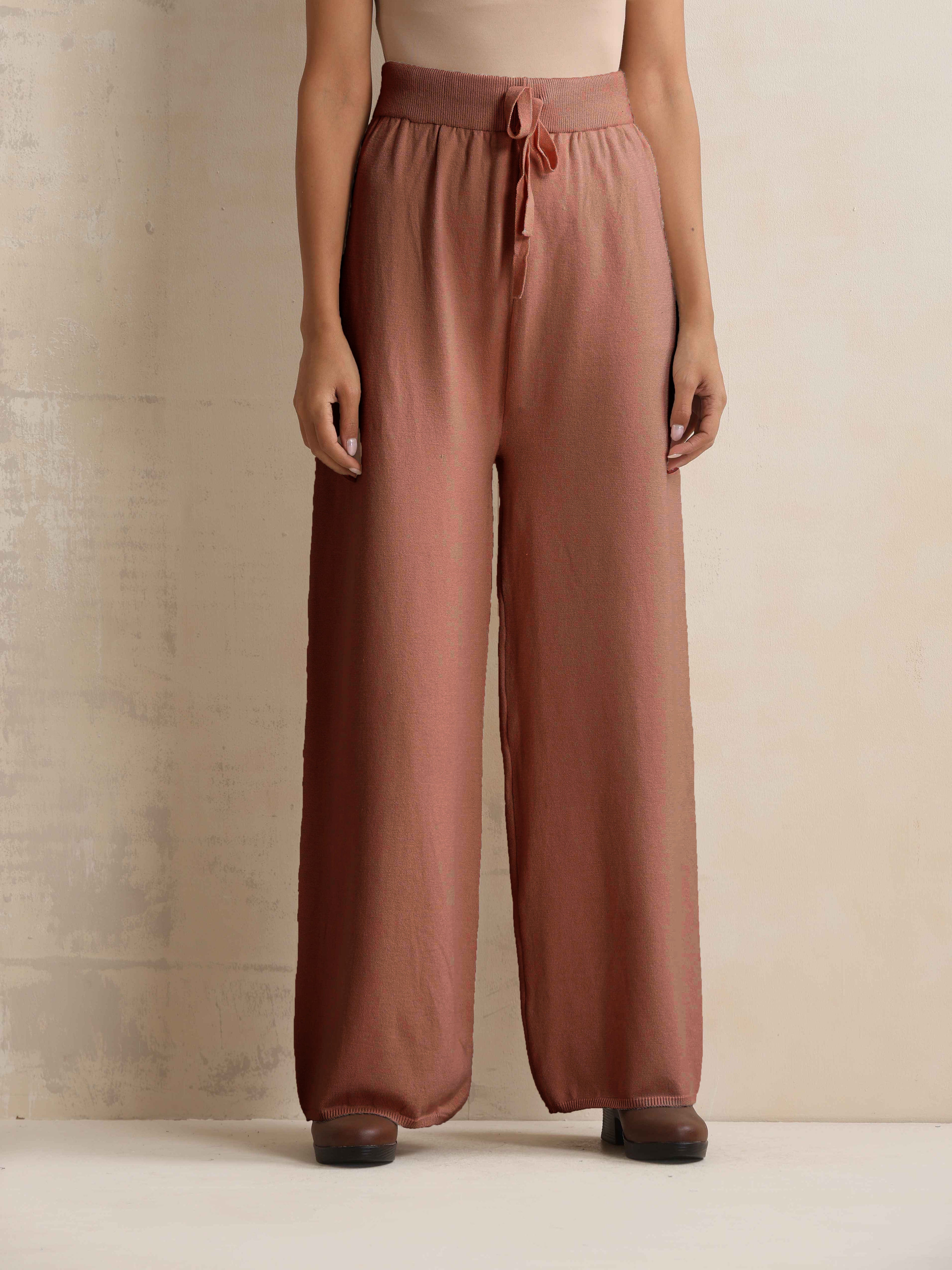 trueBrowns Peach Woollen Flared Pants | Grocsy