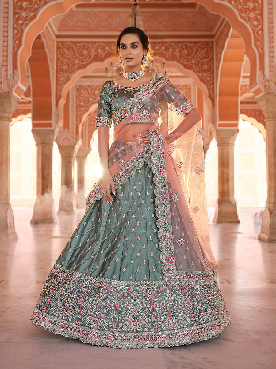 Myra Rama Green Embroidered Designer Lehenga Choli | Grocsy