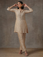 trueBrowns Beige White Printed Silk Co-Ord Set | Grocsy