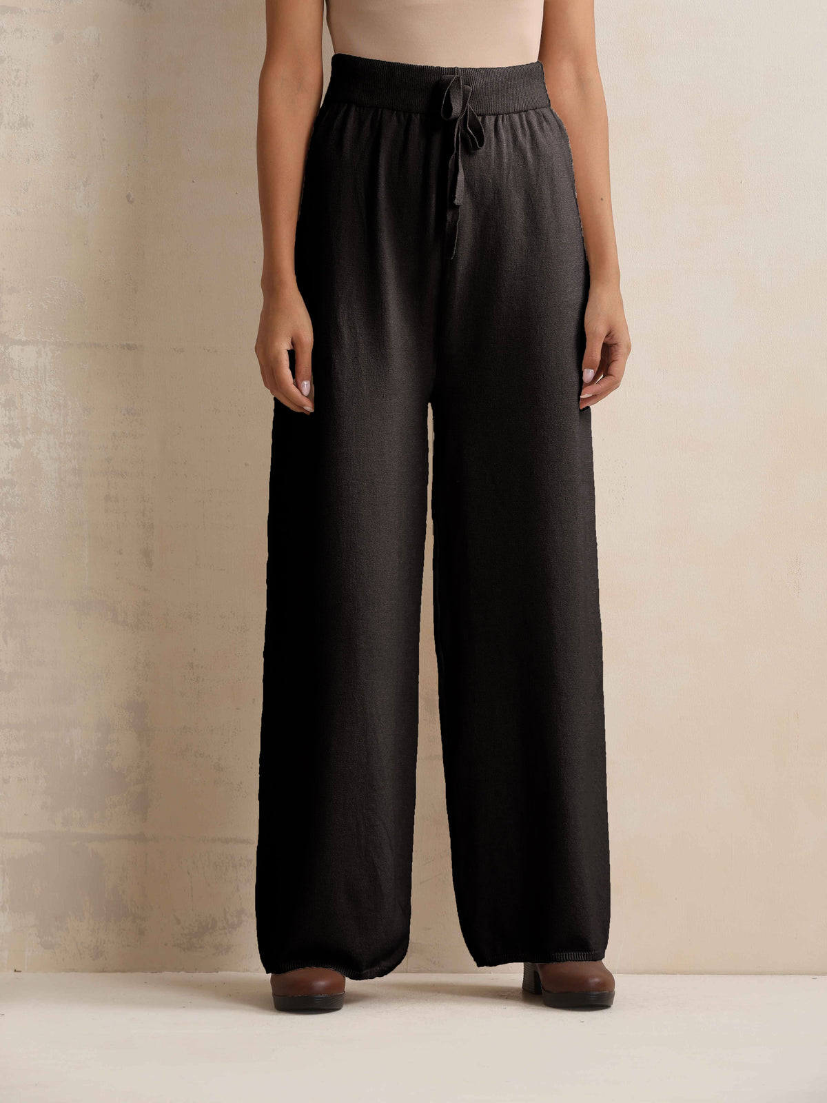 trueBrowns Black Woollen Flared Pants | Grocsy