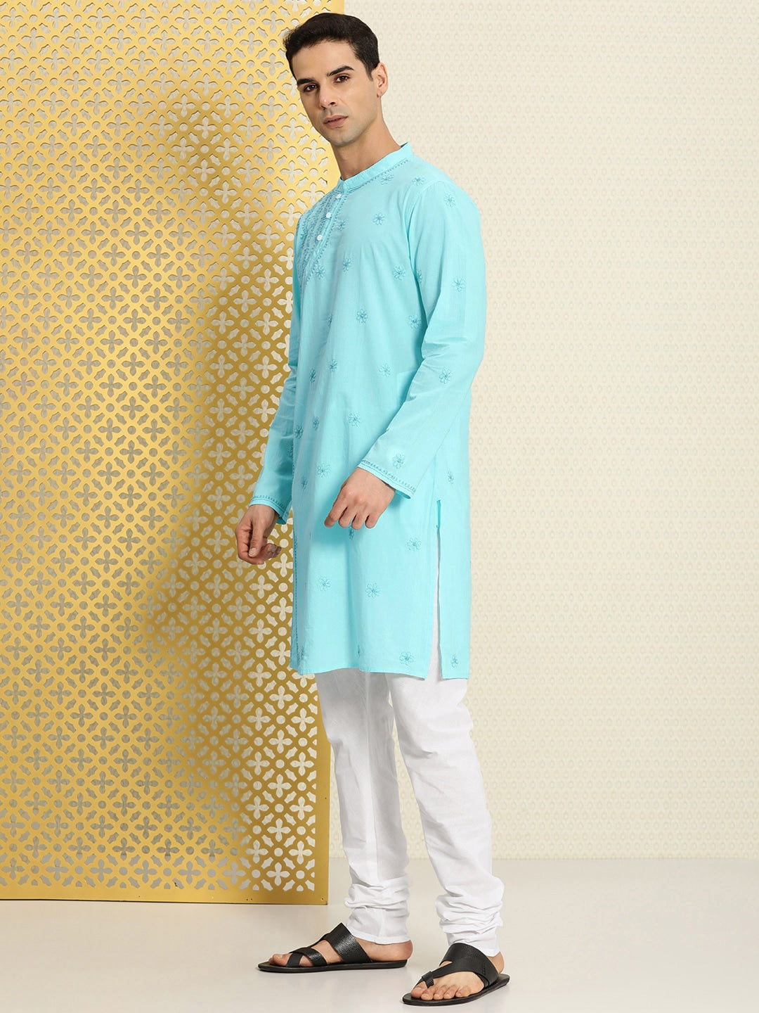 House of Pataudi Men Pure Cotton Embroidered Chikankari Jashn Kurta with Churidar | Grocsy