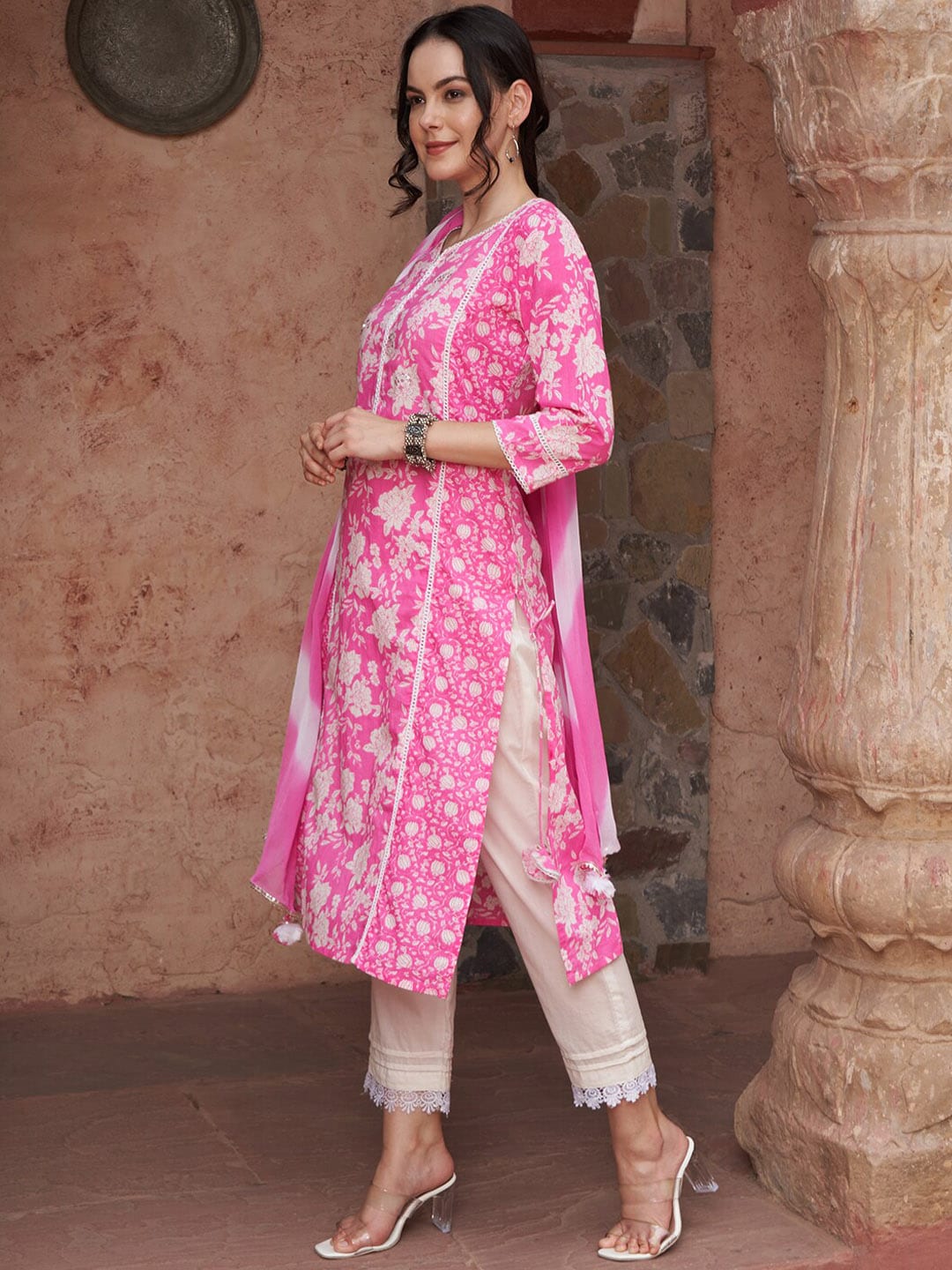 Sangria Ethnic Motifs Printed Sequined Pure Cotton Kurta with Trousers & Dupatta | Grocsy