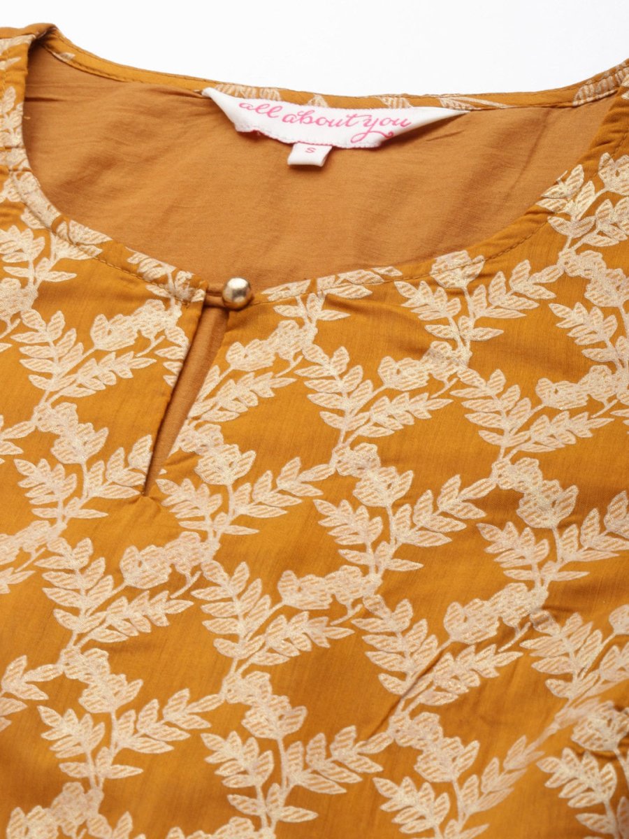 All About You Women Mustard Yellow Ethnic Motifs Printed Regular Kurta with Trousers | Grocsy