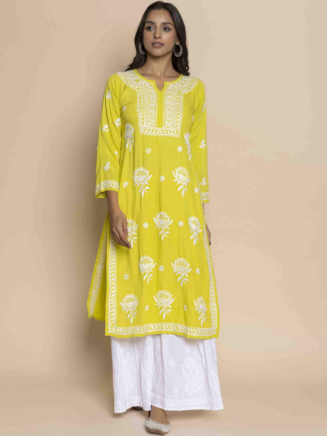 HOUSE OF KARI Floral Chikankari Embroidered Cotton Straight Kurta | Grocsy