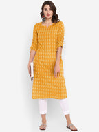Janasya Women Yellow & Off-White Woven Design Straight Kurta | Grocsy