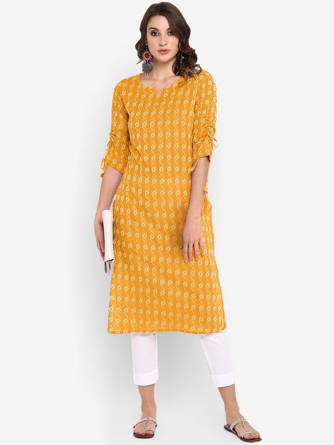 Janasya Women Yellow & Off-White Woven Design Straight Kurta | Grocsy