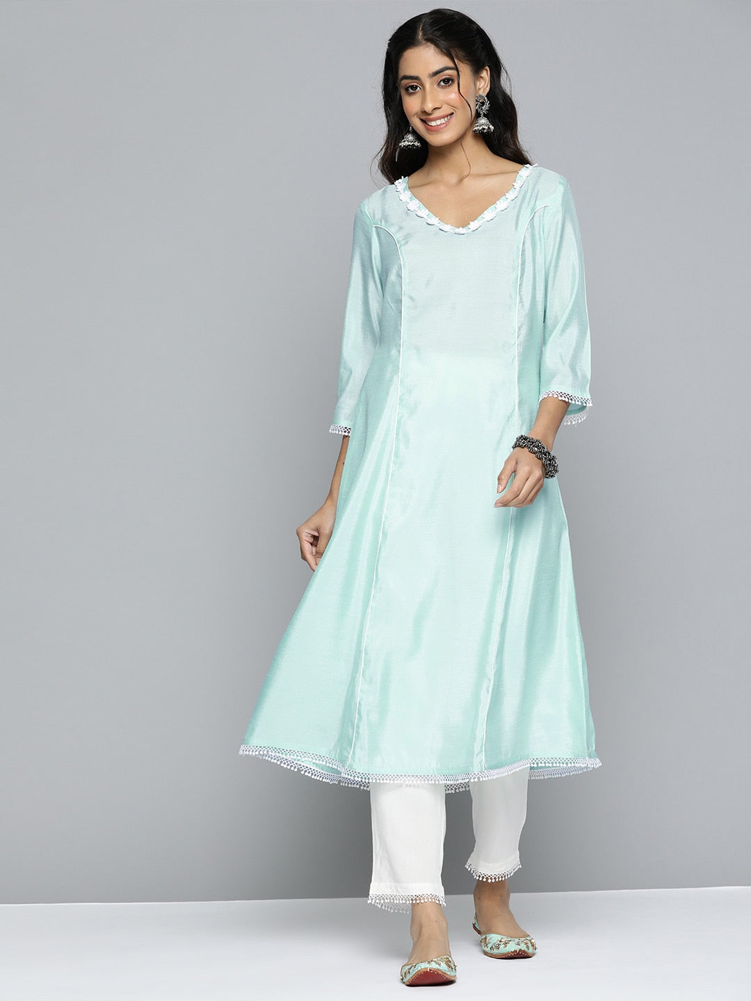 HERE&NOW Women Solid Panelled A-Line Kurta with Trousers | Grocsy