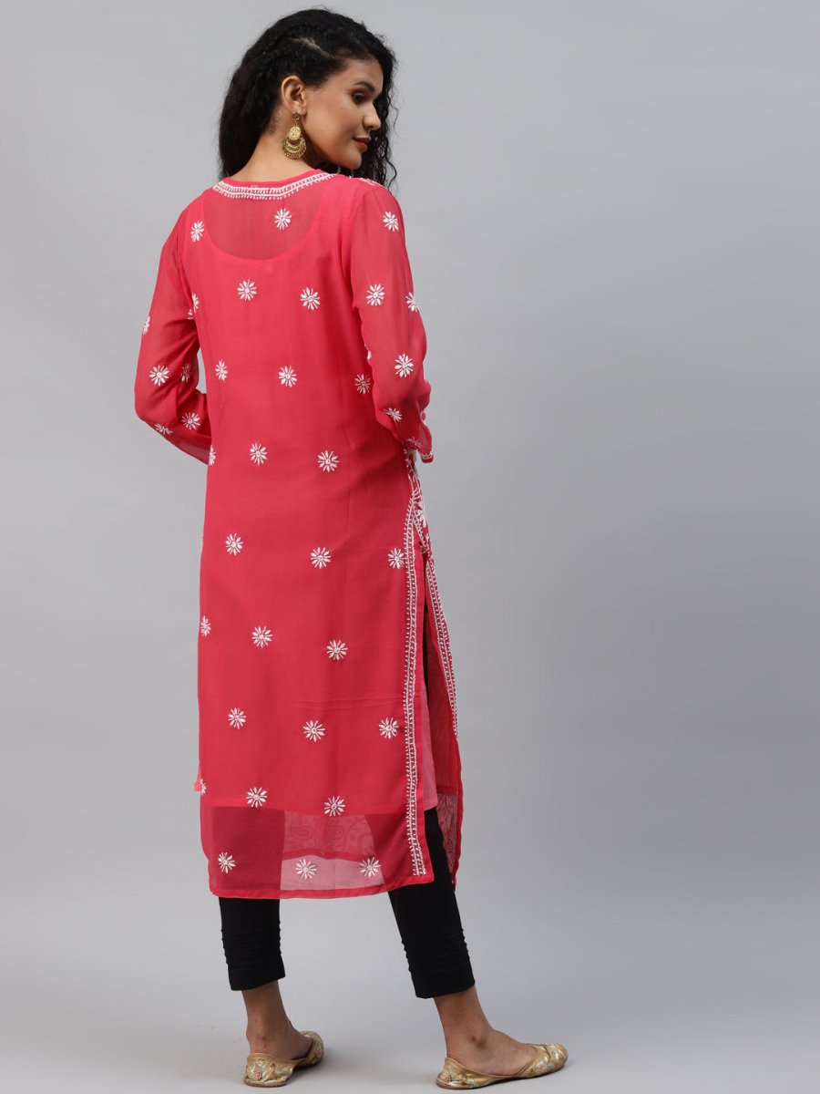 ADA Women Carrot Pink & White Floral Hand Embroidered Chikankari Handloom Kurta & Matching slip | Grocsy