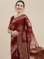 Saree Mall Maroon Floral Linen Blend Banarasi Saree | Grocsy