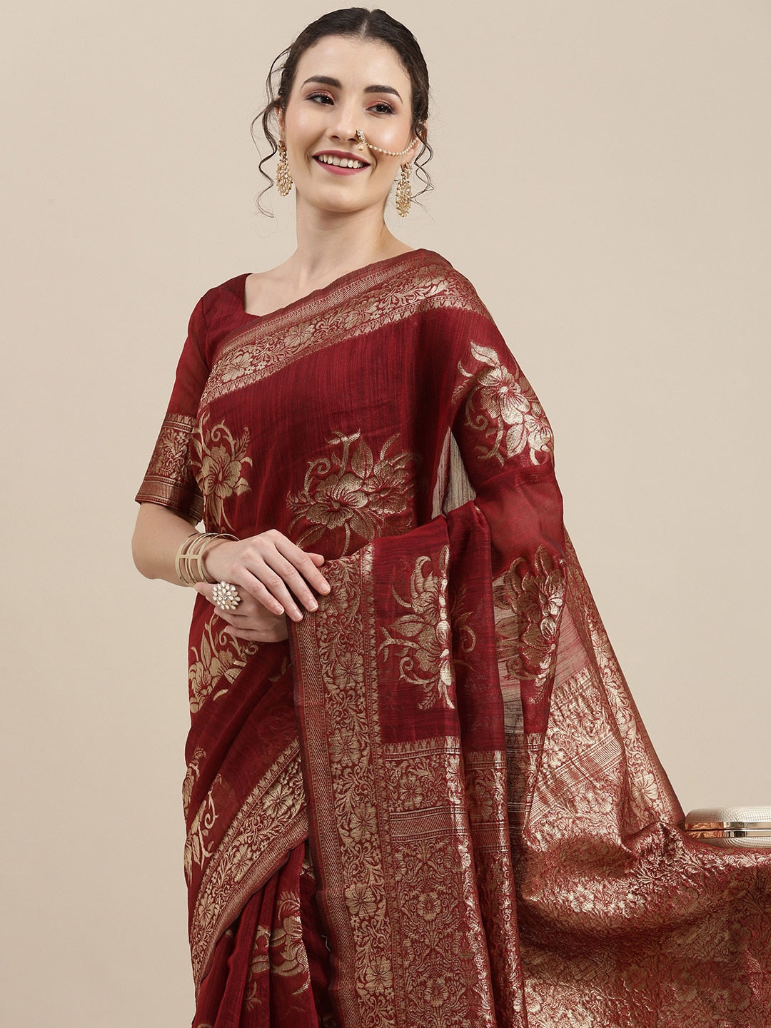 Saree Mall Maroon Floral Linen Blend Banarasi Saree | Grocsy